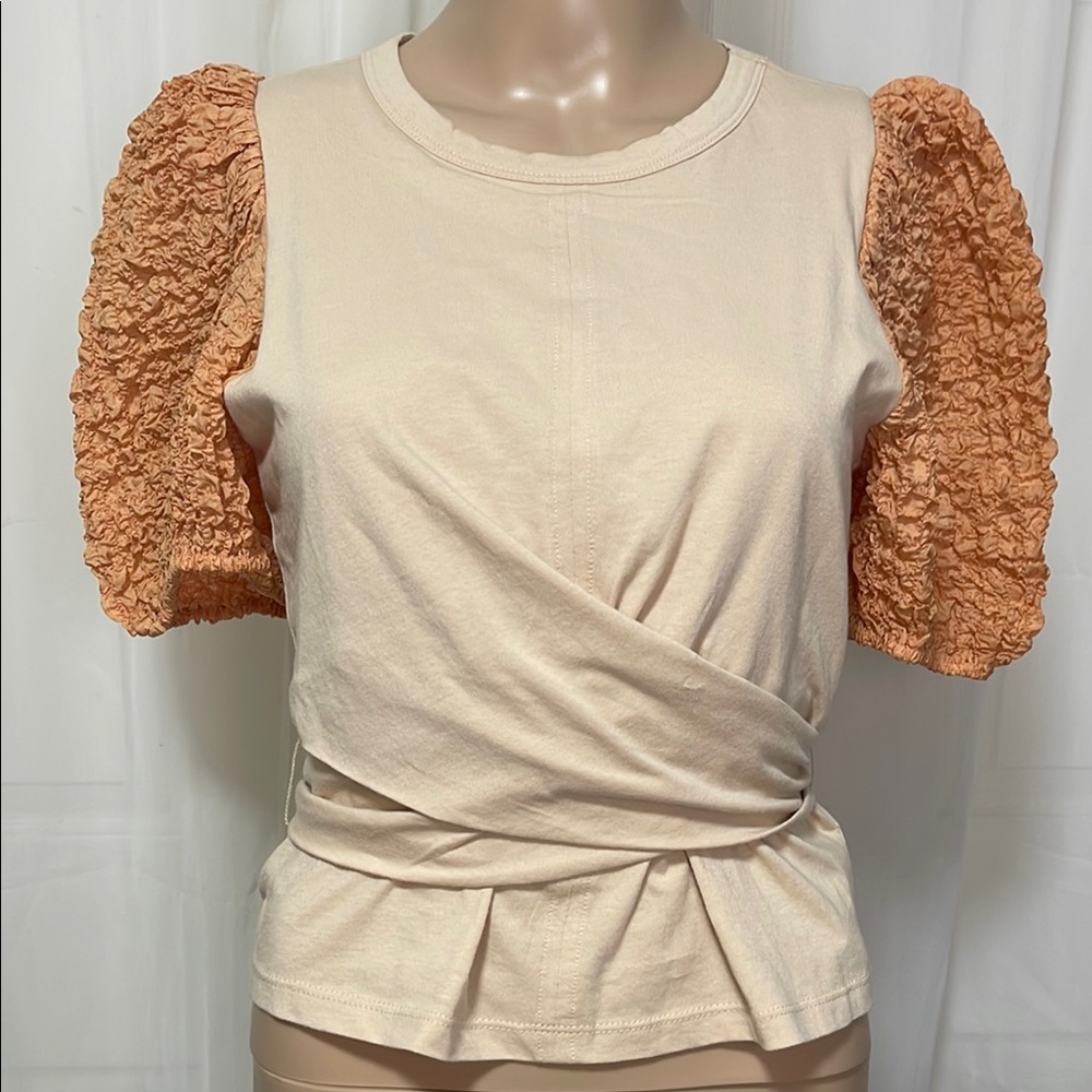 Current Air Tan Puff Sleeve Tie Front Crop Top